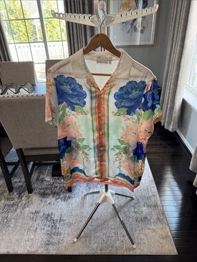 Floral Print Short Sleeve Shirt - Blue & Peach
